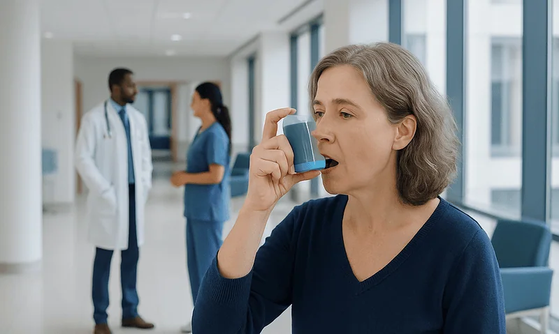Woman using inhaler in hospital setting with medical staff in background.
