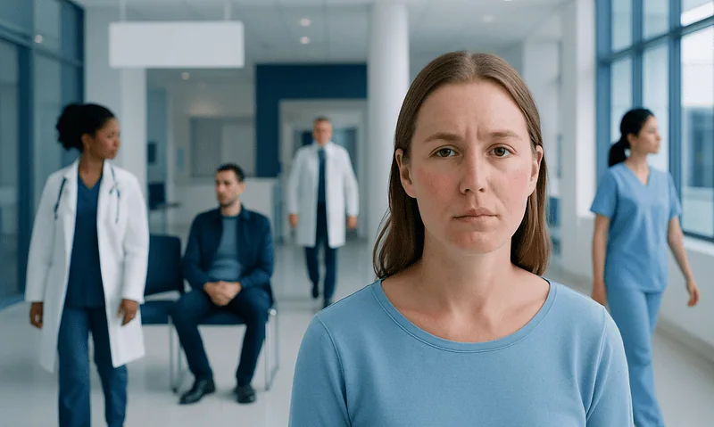 Young woman with facial allergy symptoms in hospital corridor.