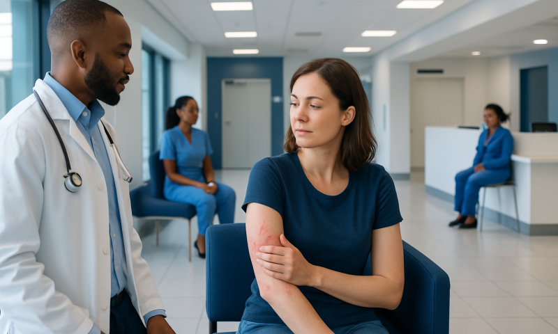 Patient with allergic rash consulting a doctor in hospital.