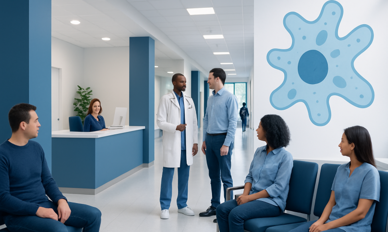 Medical team consulting in a hospital waiting area with a large cell illustration on the wall.