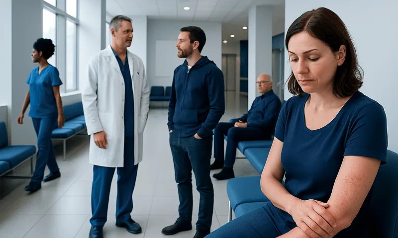 Woman with rash in hospital waiting area, healthcare professionals nearby.