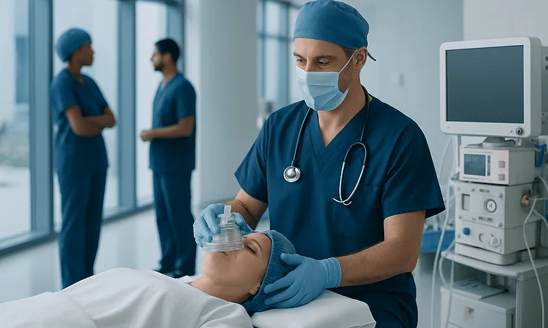 An anesthesiologist preparing a patient for surgery in a hospital.
