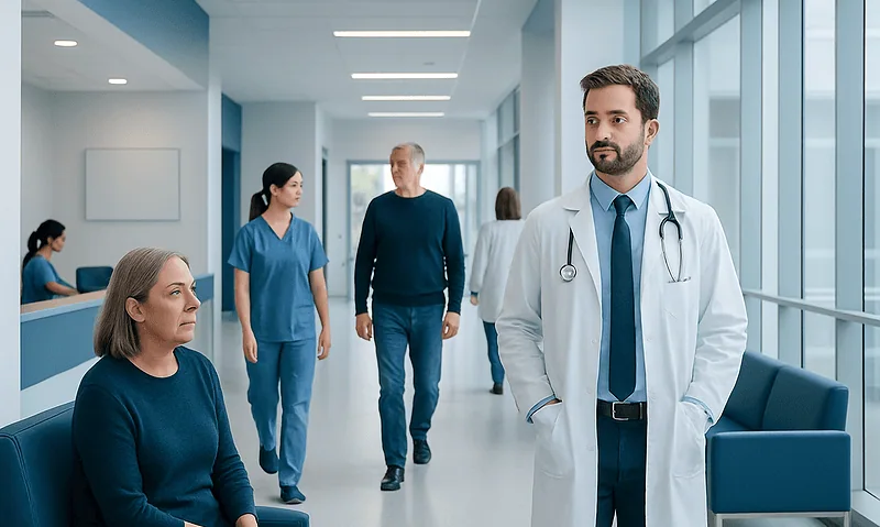 Doctor consulting with patient in hospital corridor with medical staff in background.