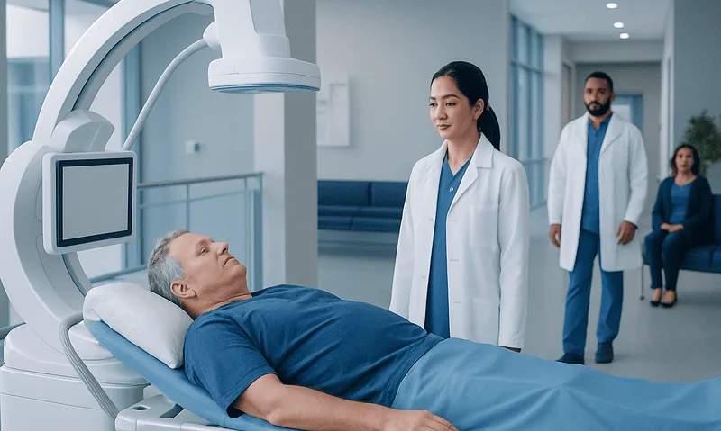 Patient undergoing angiogram procedure in hospital setting.