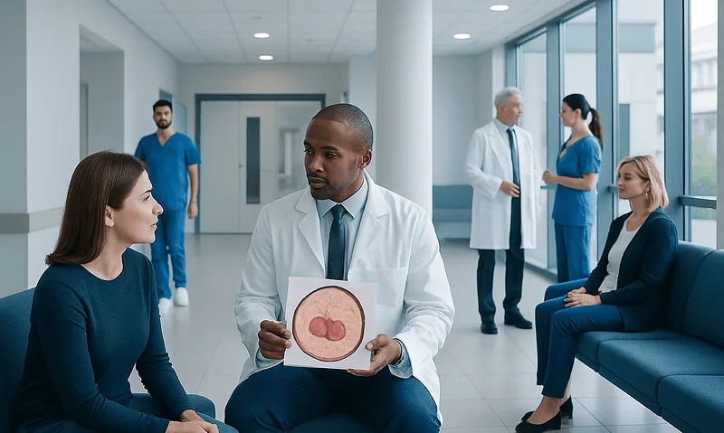 Doctor explaining kidney scan to patient in hospital corridor.