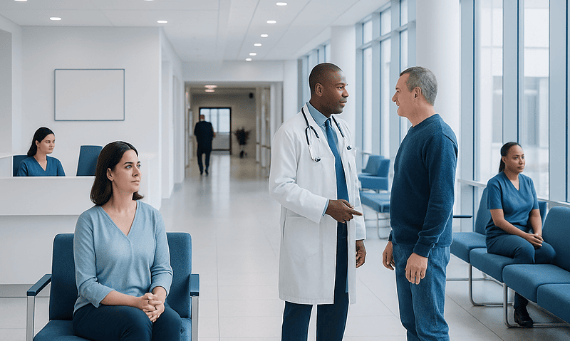 Doctor consulting with a patient in a modern hospital corridor.