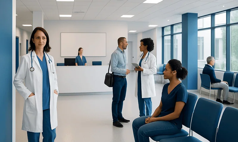 Medical professionals and patients in a hospital waiting area.
