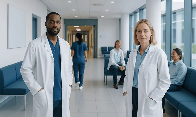 Medical professionals in hospital corridor with patients in background.