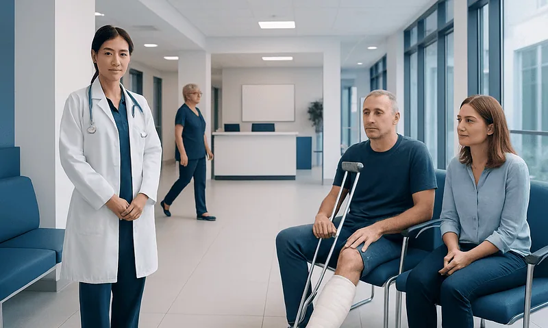 Patient with leg injury in hospital waiting area with medical staff nearby.