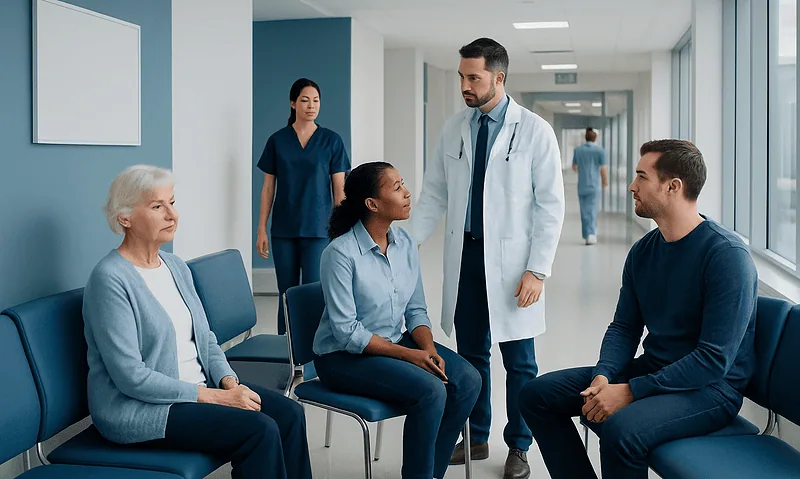 Doctor consulting with elderly and young patients in hospital waiting area.