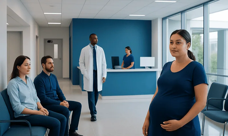 Pregnant woman in hospital waiting area with medical staff and visitors.