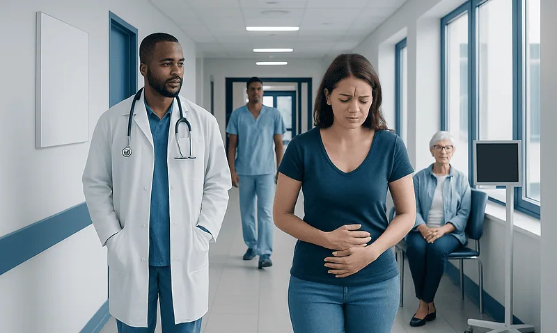 Young woman experiencing stomach pain in hospital corridor with medical staff nearby.
