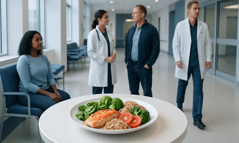 Anti-inflammatory Diet Meal: Evidence-Based Benefits, Risks, and Practical Guidance 6 Hospital staff discussing patient care with a patient in a modern medical facility.