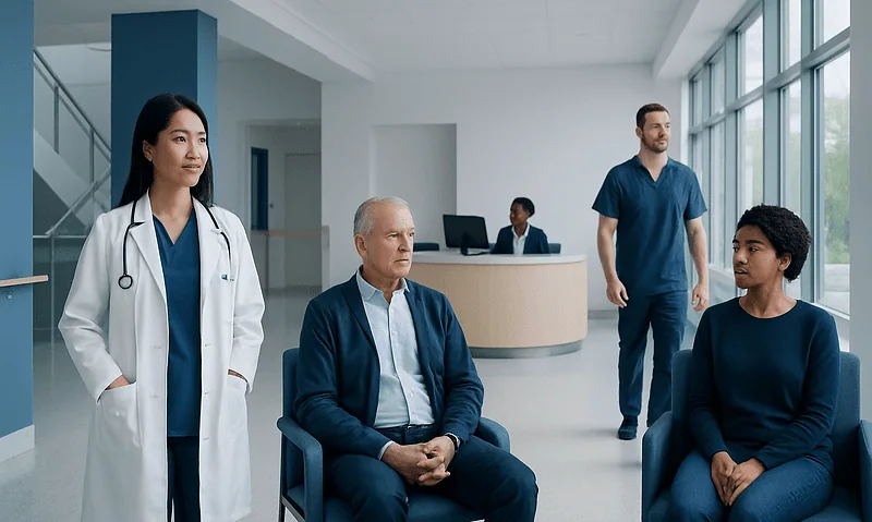 Medical consultation in a modern hospital with healthcare professionals and patients.