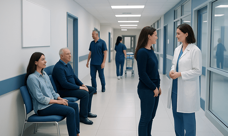 Patients waiting and talking with a doctor in a hospital corridor.