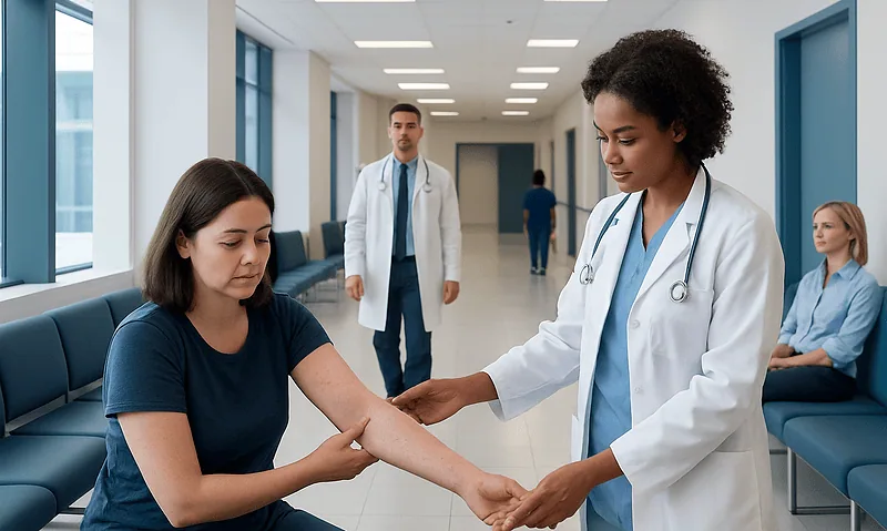 Doctor examining patient's arm in hospital corridor.