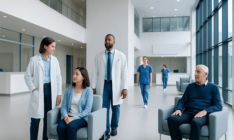 Medical team and patient in modern hospital lobby.
