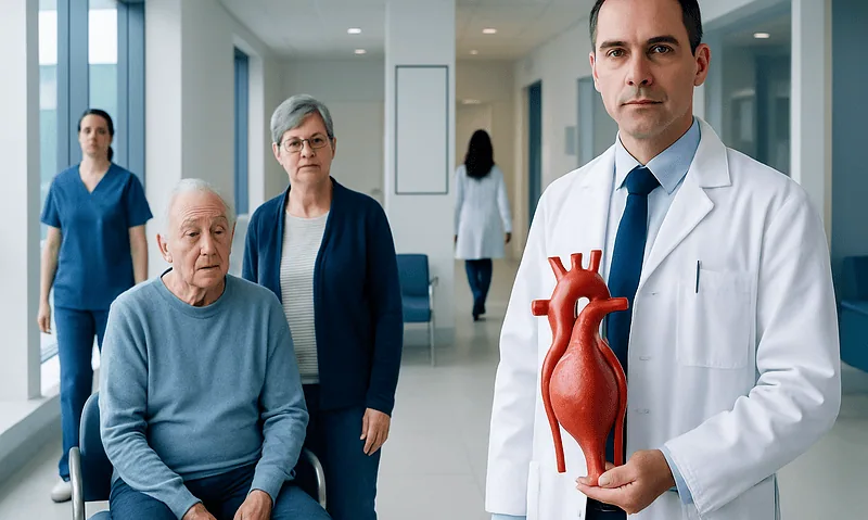 Doctor holding a heart model with elderly patients in hospital corridor.