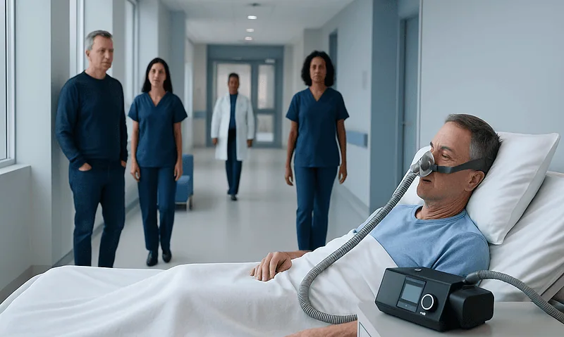 Patient using CPAP machine in hospital bed with medical staff nearby.