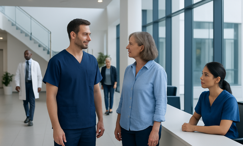 Healthcare professionals and patient engaging in conversation at hospital reception.