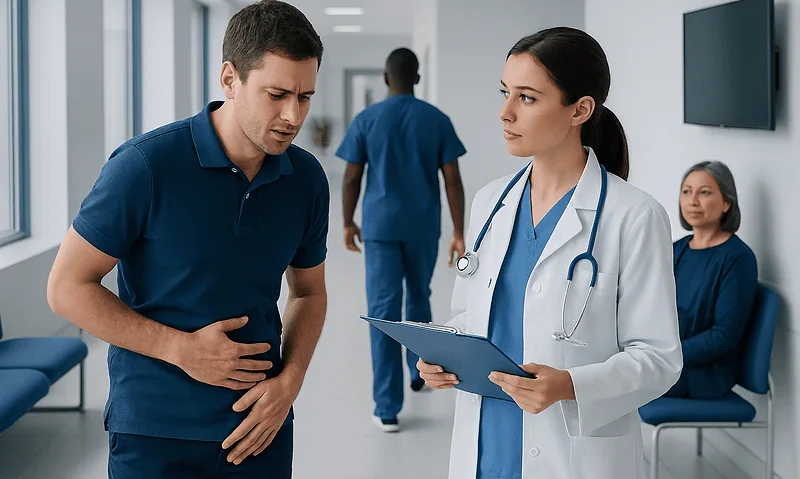 Patient consulting with doctor about abdominal pain in hospital corridor.