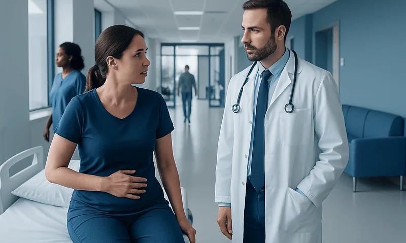 Doctor consulting with a patient in a hospital corridor.