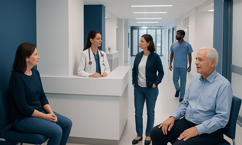 Medical consultation in a modern hospital corridor with healthcare professionals and patient.