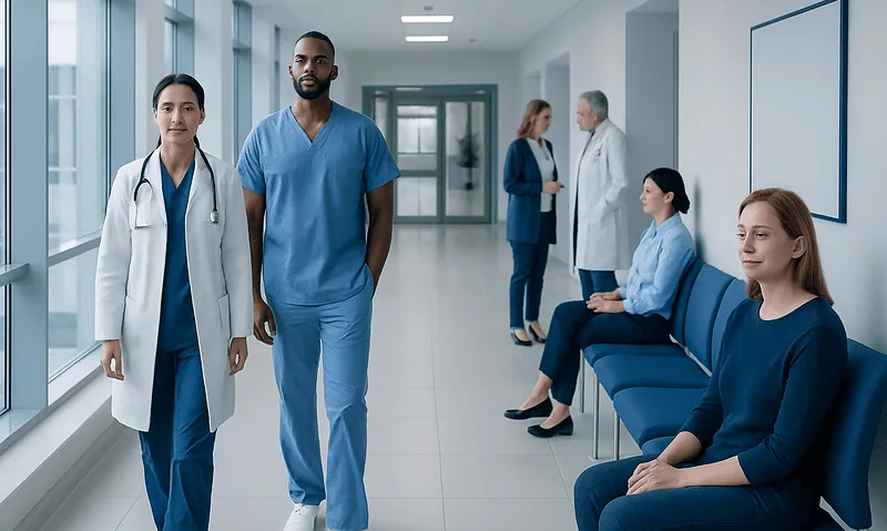 Healthcare professionals and patients in a hospital corridor.