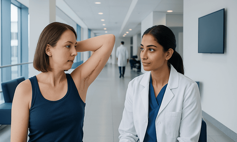 Patient consulting with doctor about arm lift scar in hospital corridor.