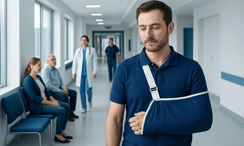 Man with arm sling in hospital corridor, healthcare staff in background.