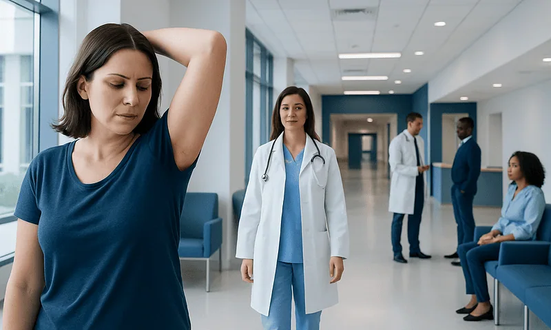 Woman with armpit rash in hospital corridor, healthcare professionals nearby.
