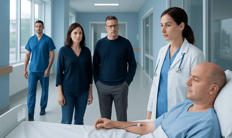 Medical team discussing patient care in hospital corridor at Acibadem Hospitals.