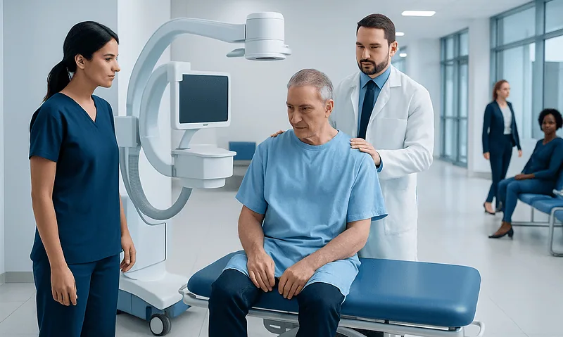 Medical team preparing patient for arthrogram imaging procedure at Acibadem Hospital.