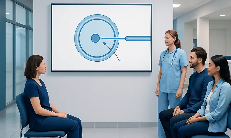 Fertility specialist explains artificial insemination process to patients in a clinic.