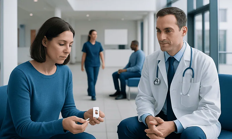 Doctor explaining blood type test to patient in hospital lobby.