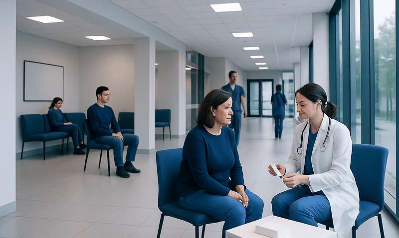 Doctor consulting with patient in modern hospital waiting area.