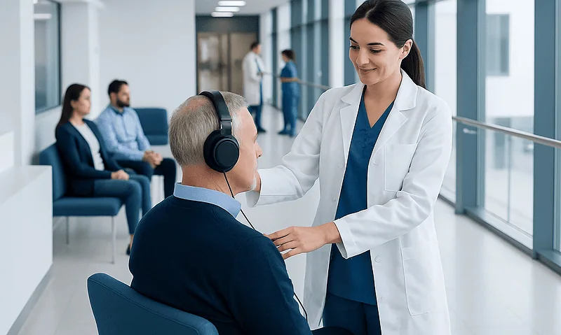 Audiologist examining a patient with headphones in a modern hospital waiting area.