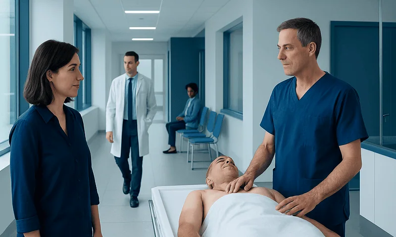 Medical team examining patient in hospital corridor for healthcare quality.