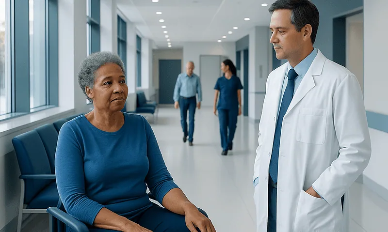 Doctor consulting with an elderly female patient in hospital corridor.