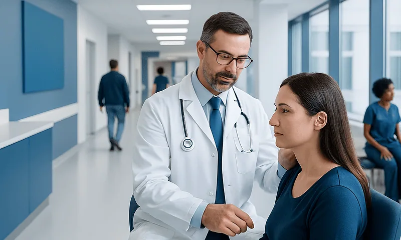 Doctor examining a patient in a modern hospital corridor.