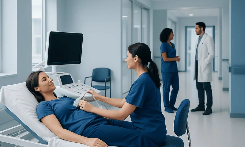 Patient undergoing echocardiogram in a hospital setting.