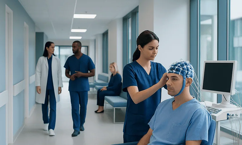 Medical staff preparing patient for EEG test in hospital corridor.