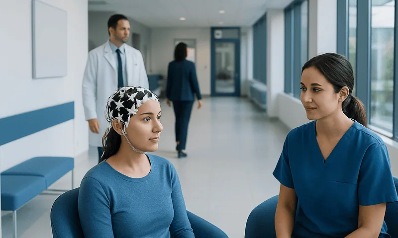 Patient undergoing EEG test preparation in a hospital corridor.