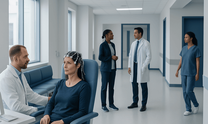 Patients and medical staff in a hospital corridor during an EEG test consultation.