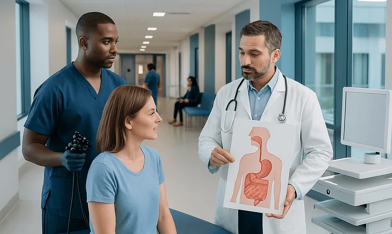 Egd Procedure — Explained by Medical Evidence, Not Myths 9 Doctor explaining endoscopy procedure to patient in hospital corridor.