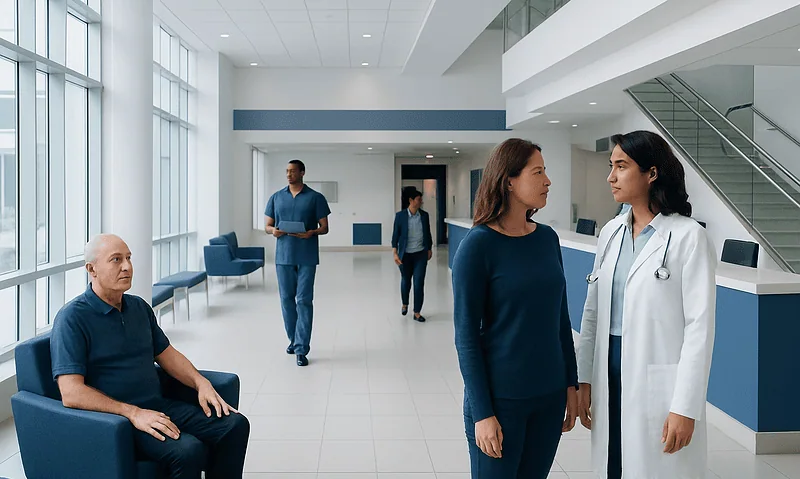 EGFR Test: What Patients Need to Know 6 Patients and medical staff in a modern hospital lobby.