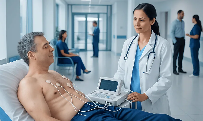 Patient undergoing an EKG test in a hospital setting with medical staff present.