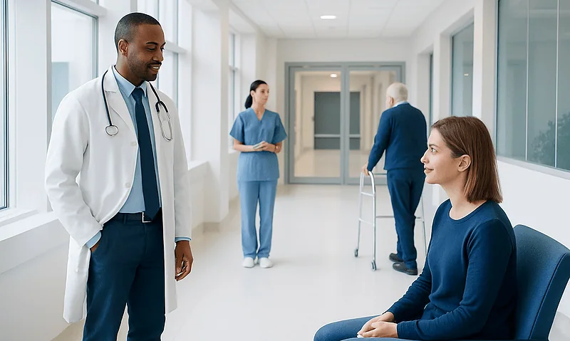 Doctor talking to a patient in a hospital corridor.