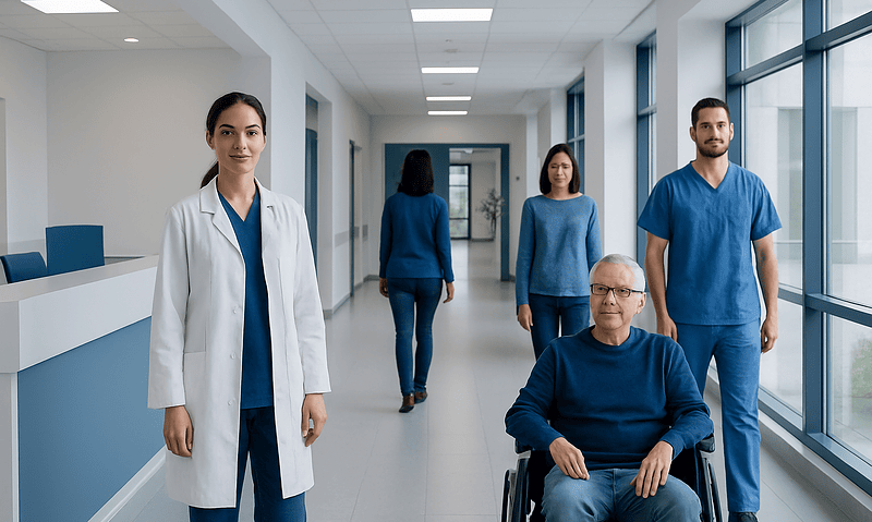 Healthcare professionals and patient in hospital corridor at Acibadem Hospitals Group.