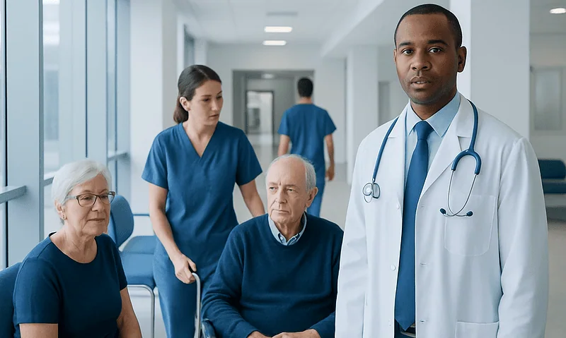 Medical team consulting elderly patients in hospital corridor.